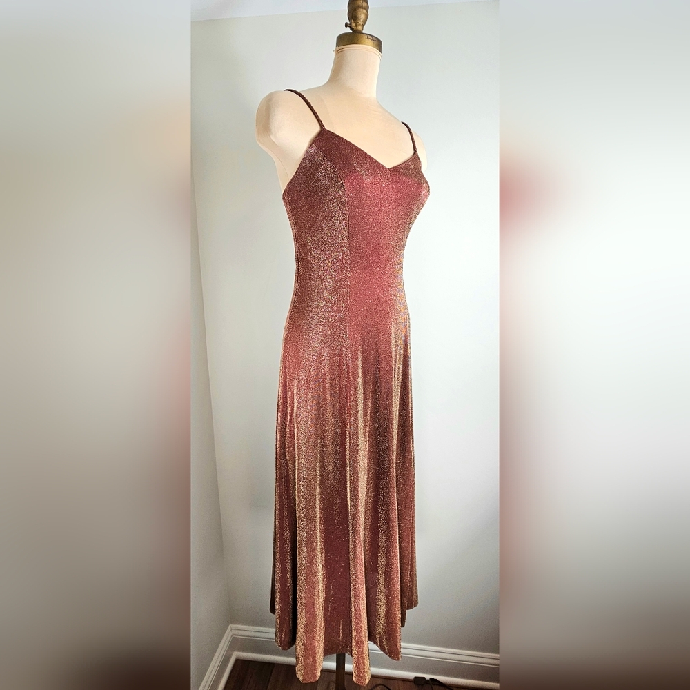 Moda International Copper Metallic Midi Dress Size 4 90s Slip Dress - Picture 7 of 12